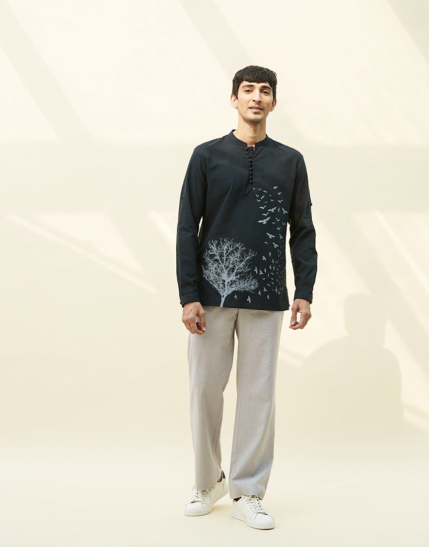 Black Khadi Tunic With Block Print
