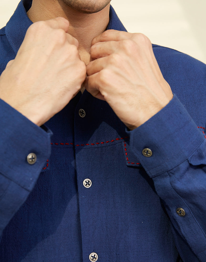 Blue Khadi Saddle Stitch Tunic