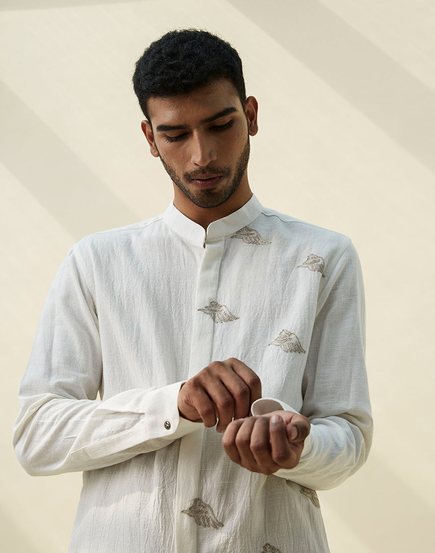 White Khadi Band Collar Embroidery Shirt