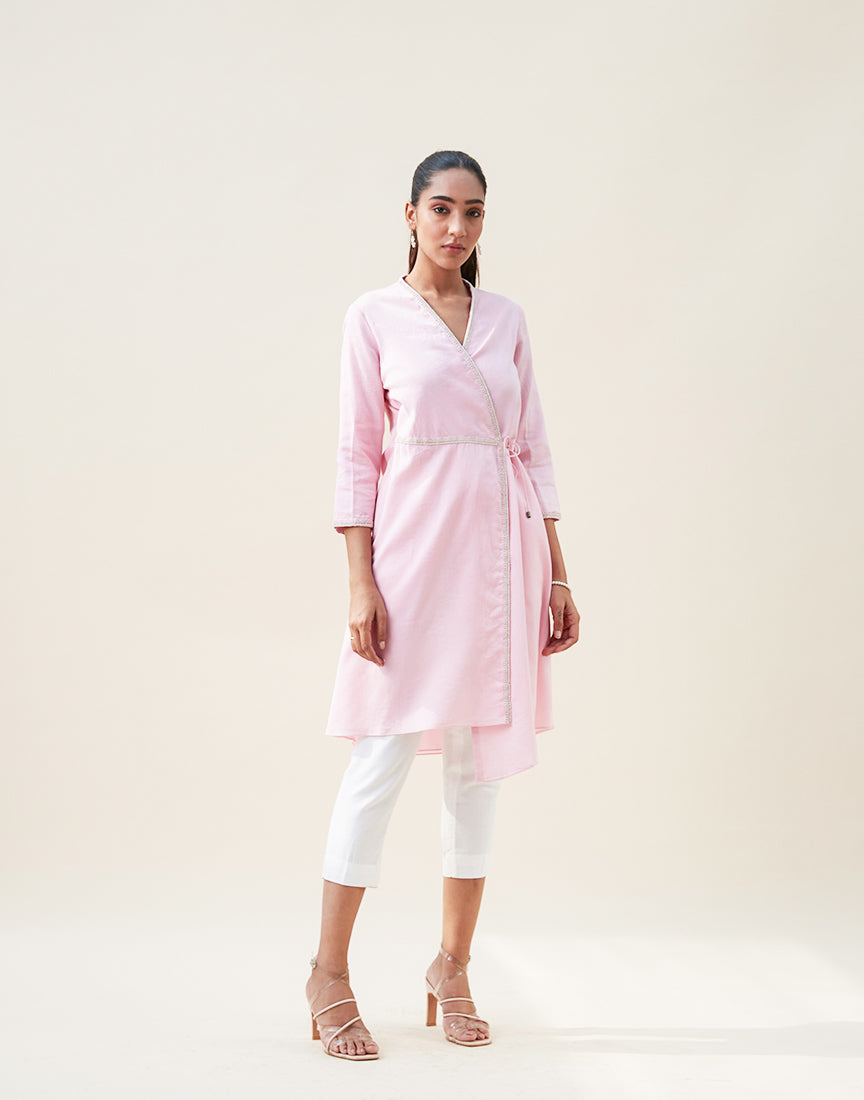 Pink Chanderi Front Open Dress