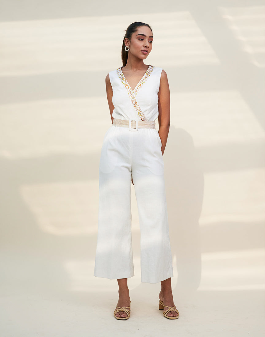 White Cotton Front Open Jumpsuit
