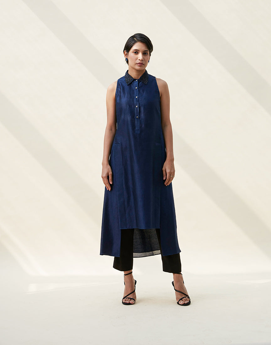 Blue Chanderi Embroidery Collar Dress