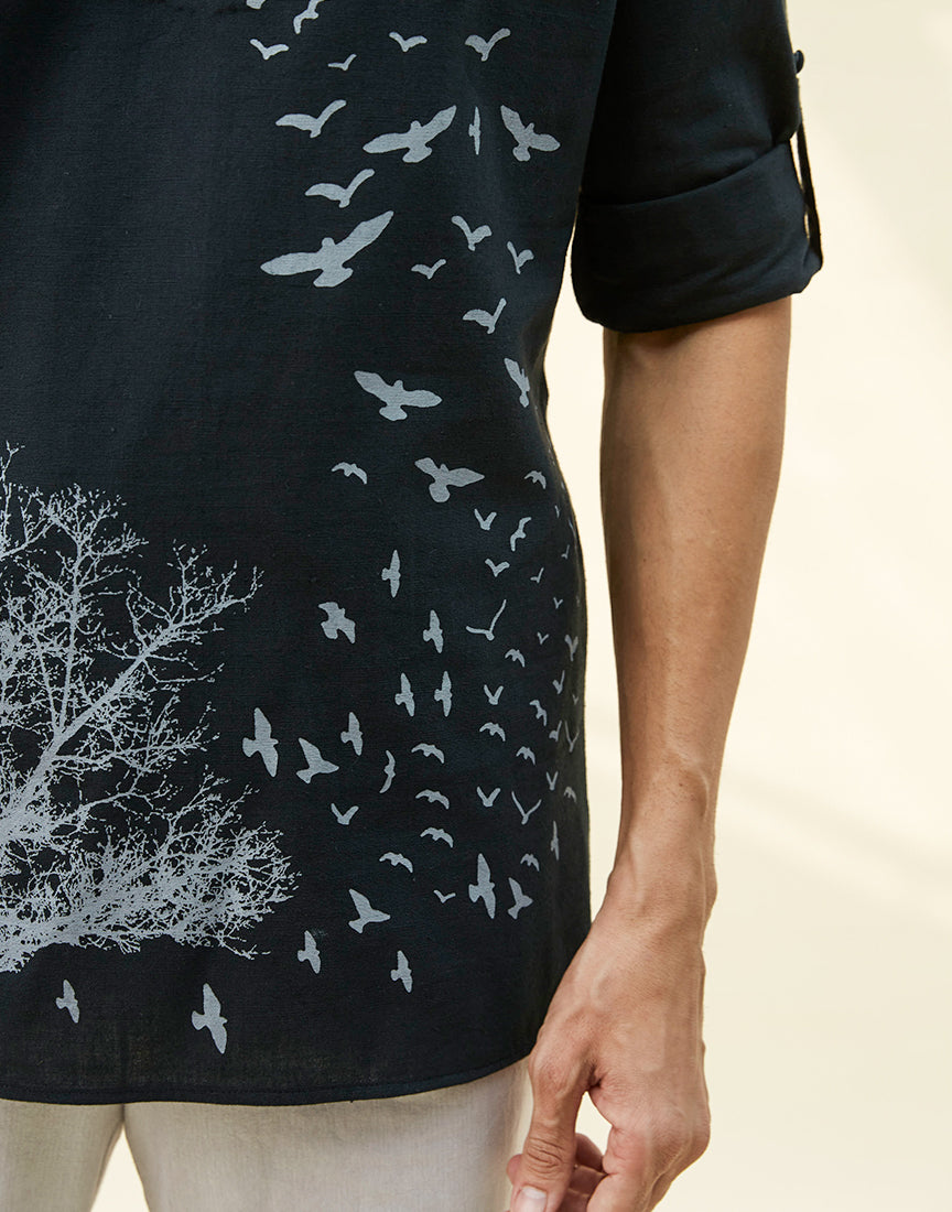 Black Khadi Tunic With Block Print