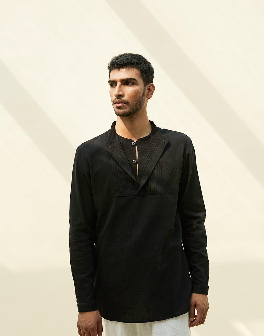 Black Khadi Pintek Short Kurta