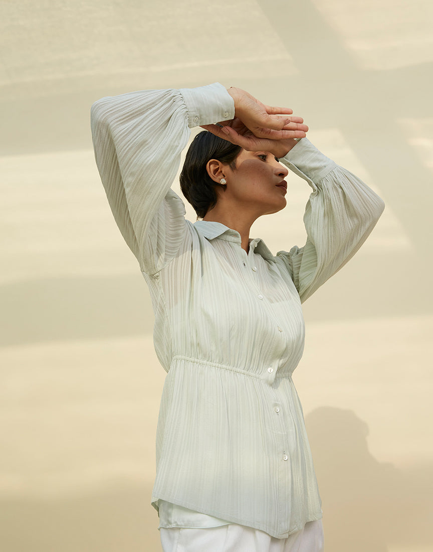 Green Classic Collar Stripes Shirt Dress
