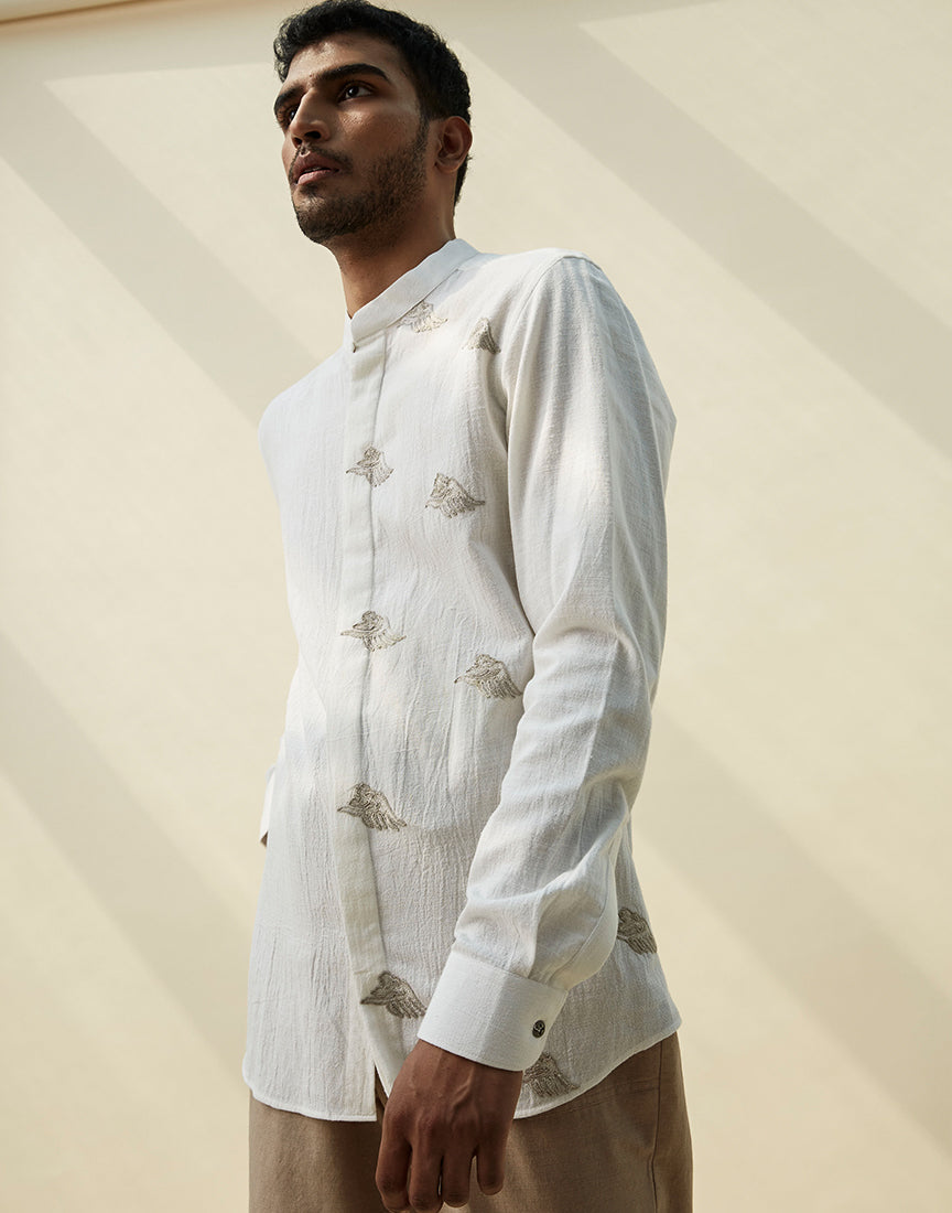White Khadi Band Collar Embroidery Shirt
