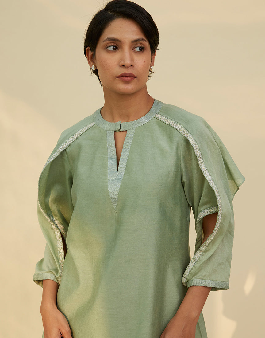 Chanderi Green Front Open Dress