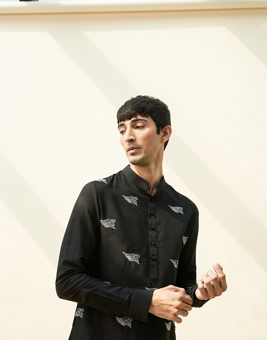 Black Khadi Embroidery Kurta