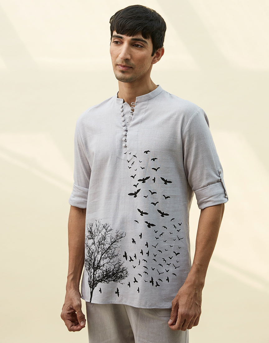 Grey Khadi Tunic With Block Print