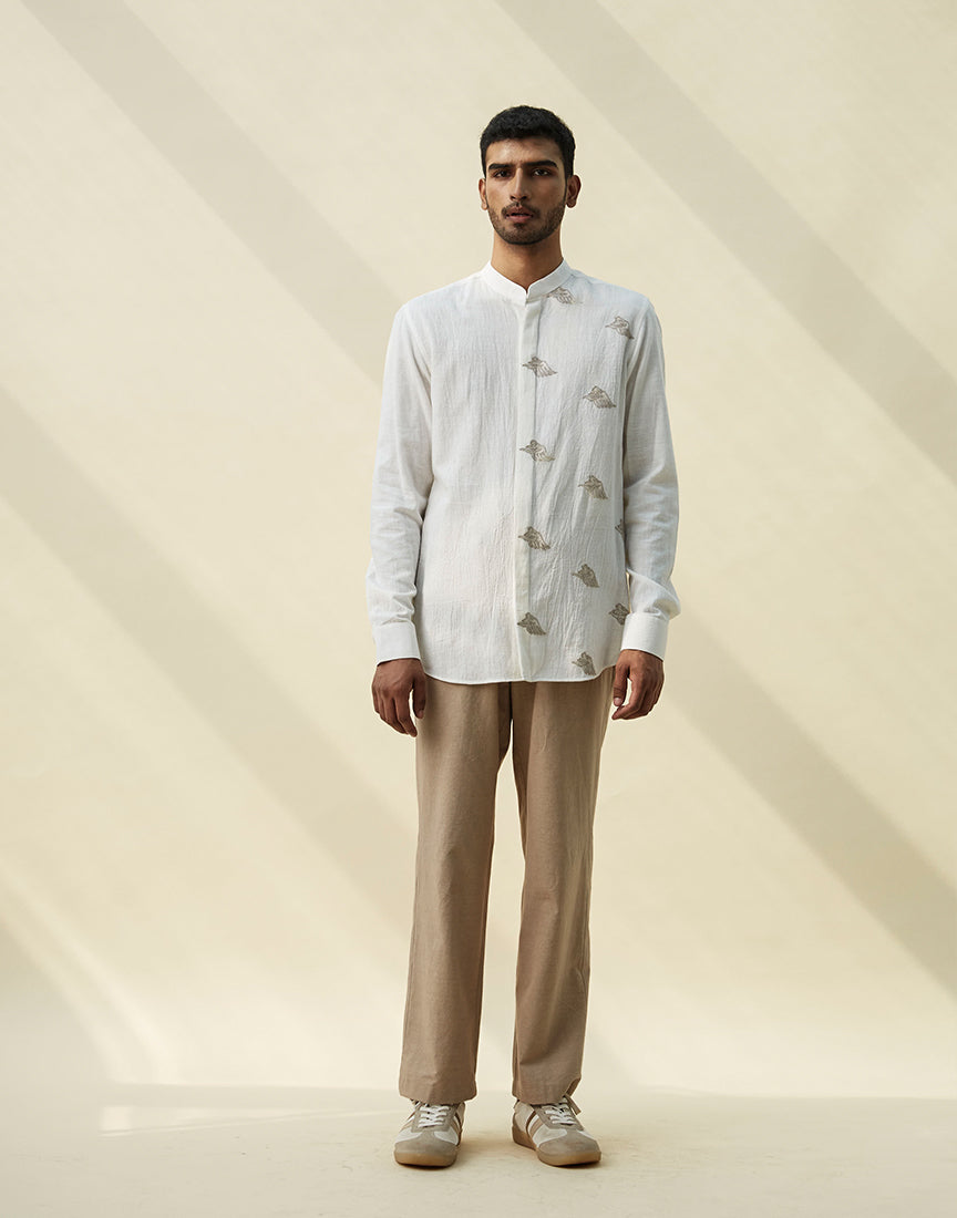 White Khadi Band Collar Embroidery Shirt