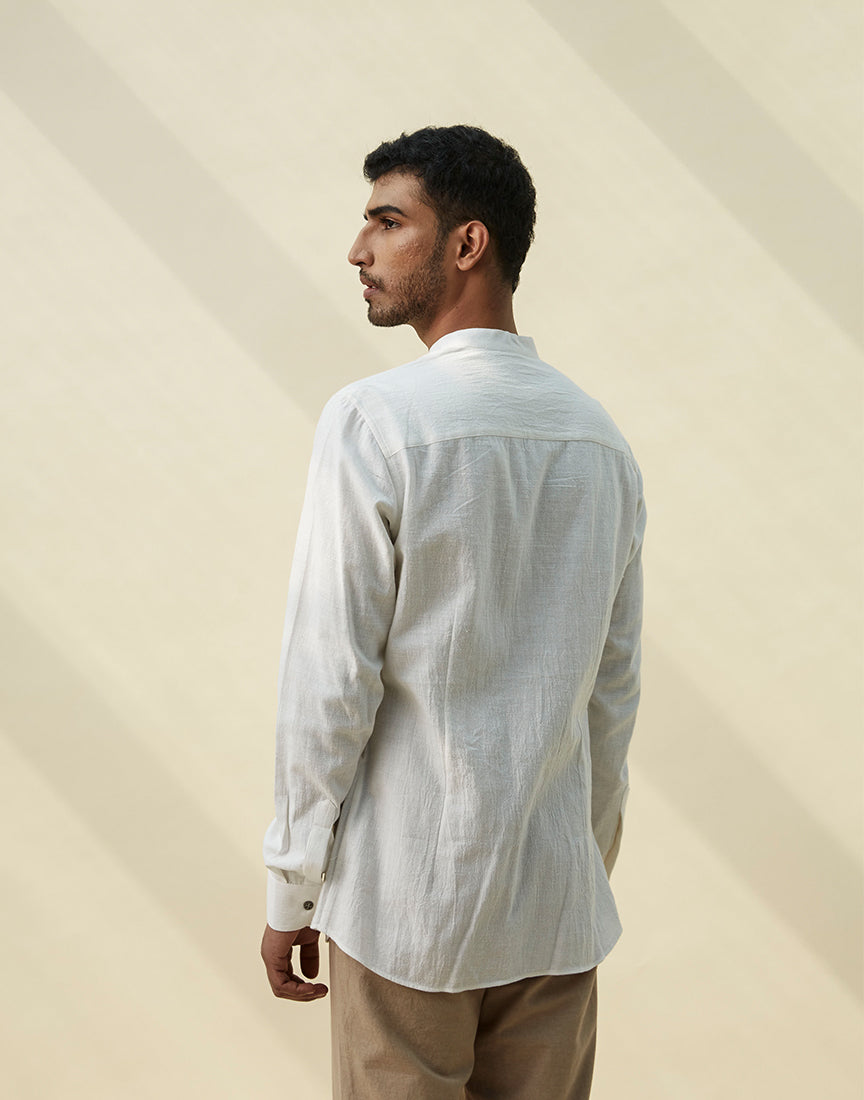 White Khadi Band Collar Embroidery Shirt