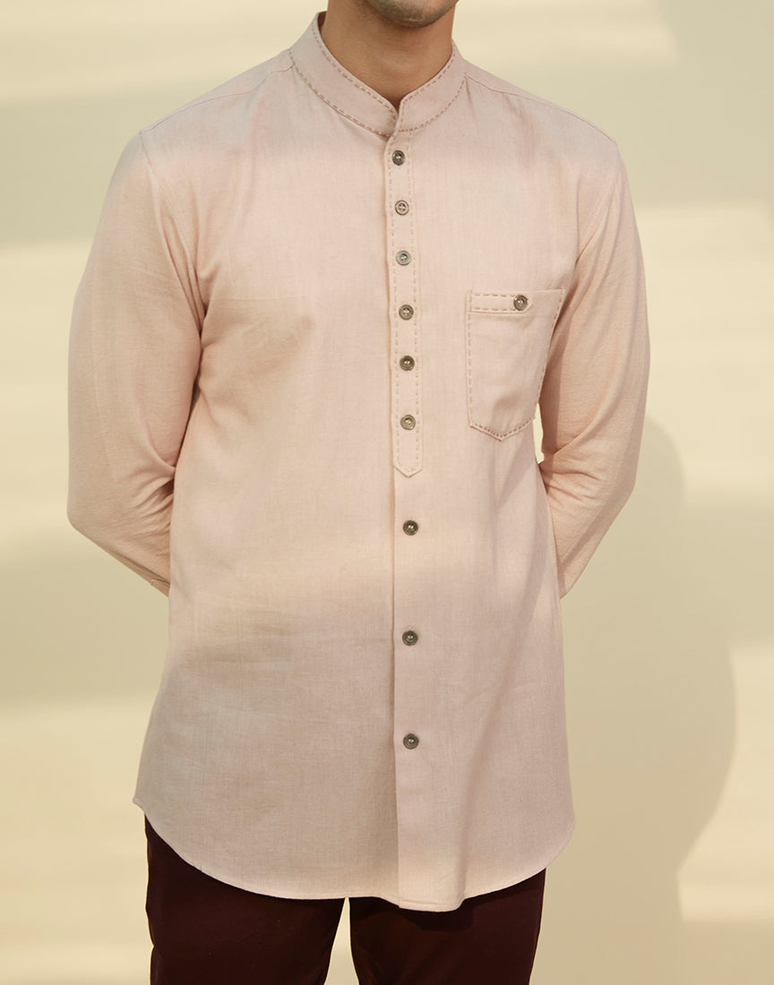 Beige Patch Pocket Shirt With Saddle Stitch