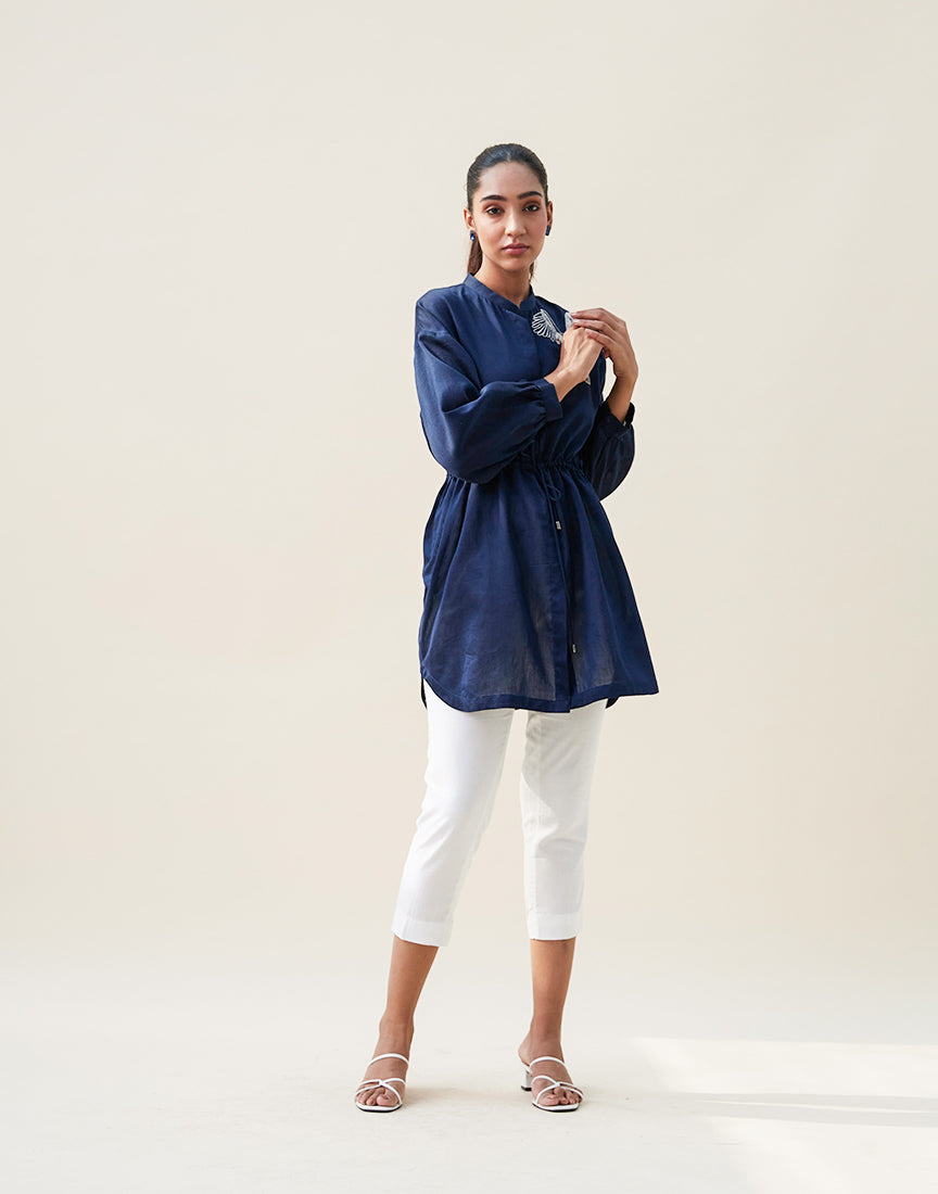 Blue Chanderi Shirt Dress With Embroidery