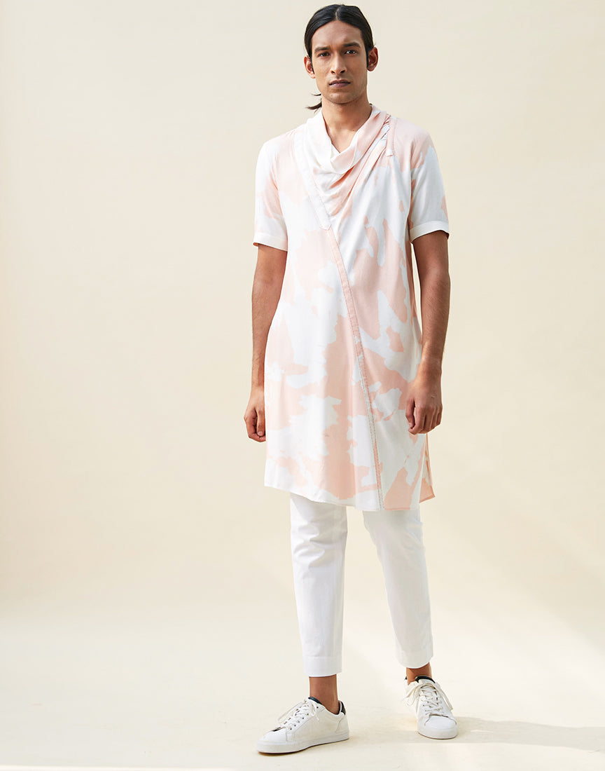 White & Peach Cowl Neck Printed Kurta