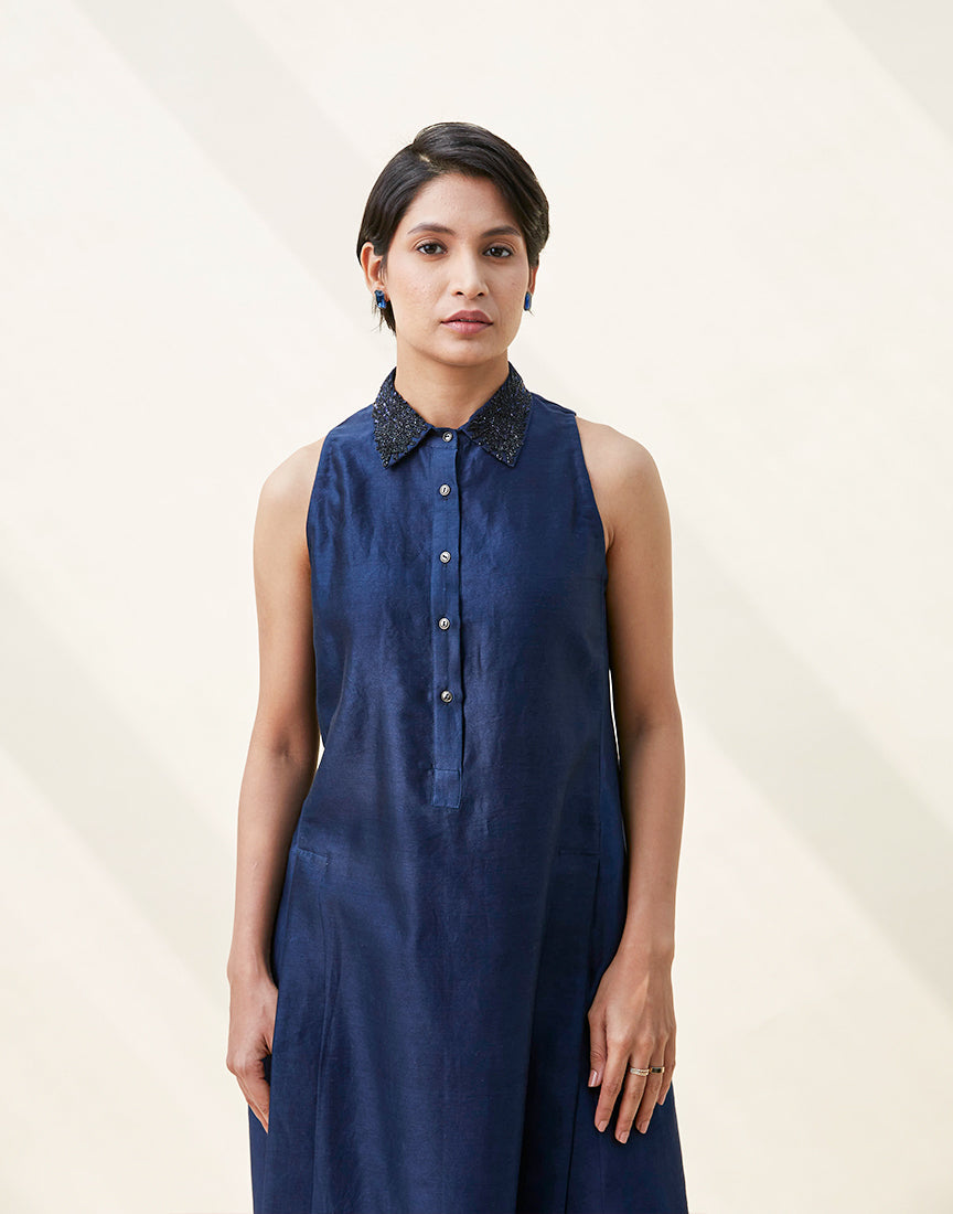 Blue Chanderi Embroidery Collar Dress