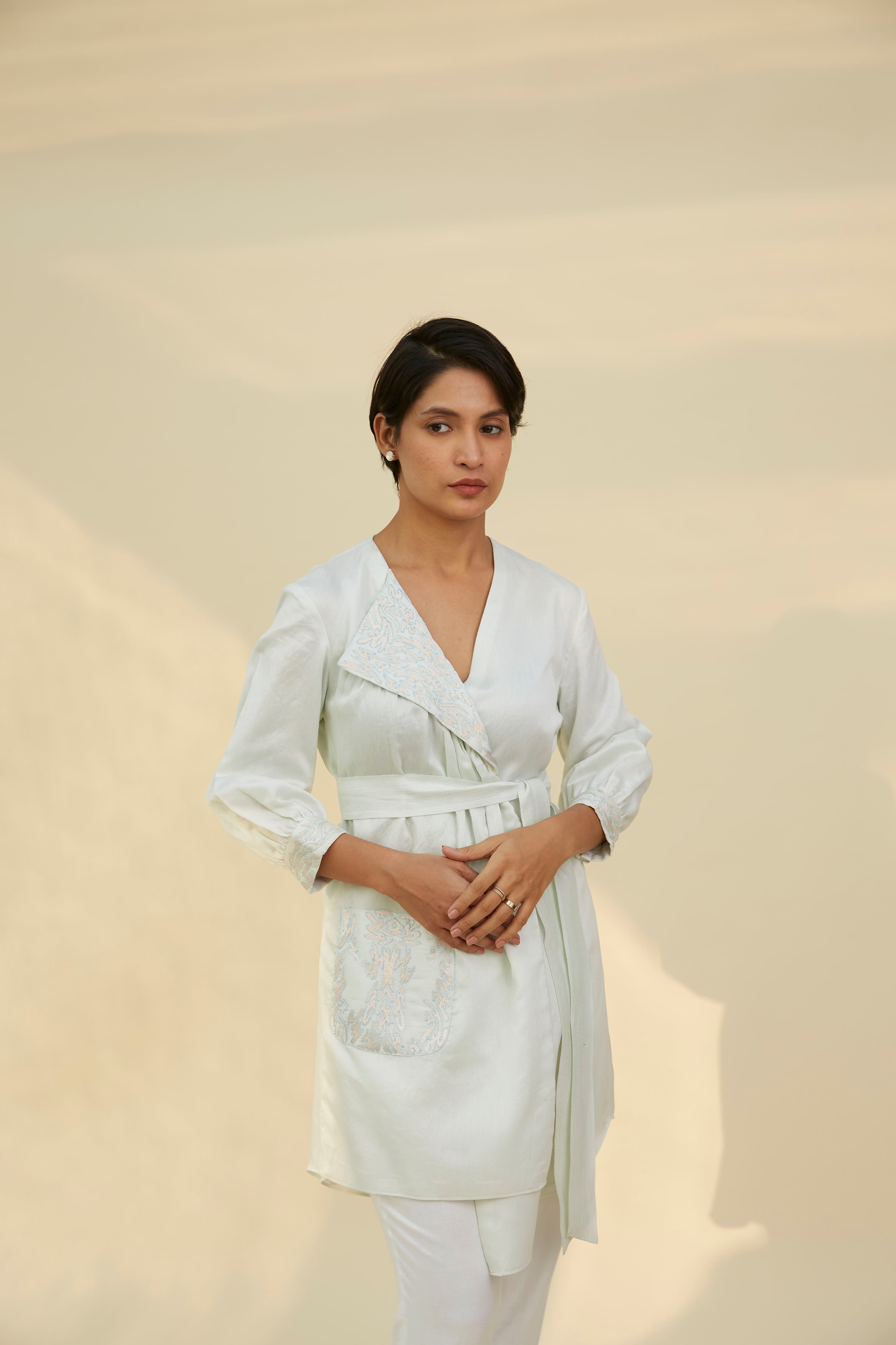 Ice Blue Chanderi Patch Pocket Dress