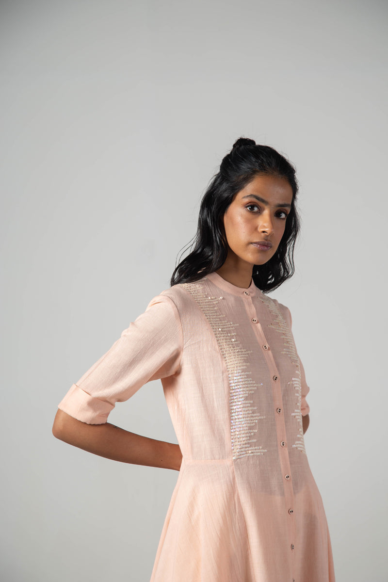 Pink tail dress with sequins yoke