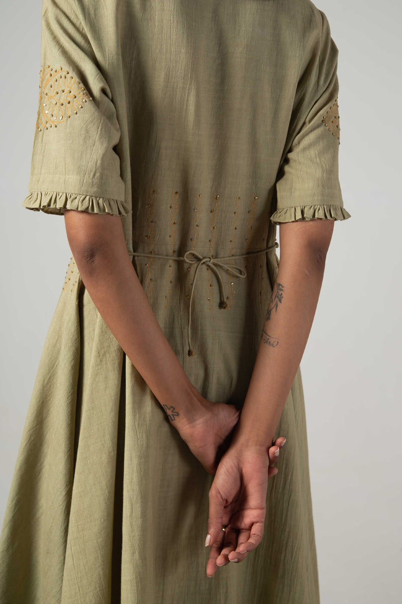 Green dress with block print
