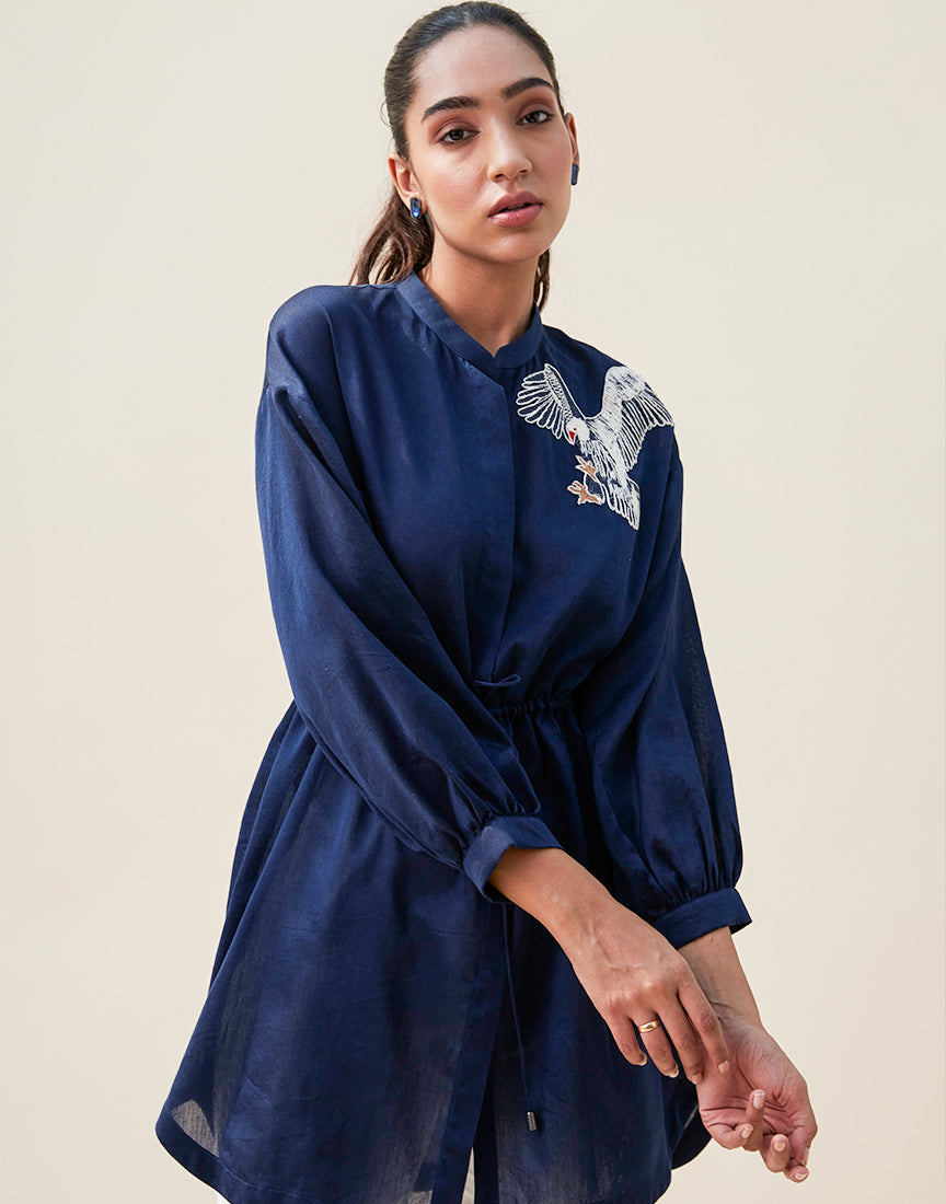 Blue Chanderi Shirt Dress With Embroidery