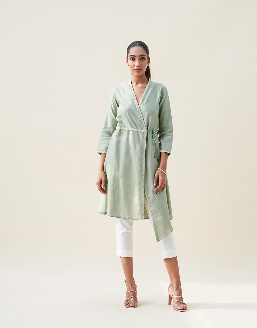 Green Chanderi Front Open Dress