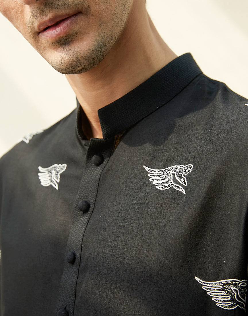 Black Khadi Embroidery Kurta
