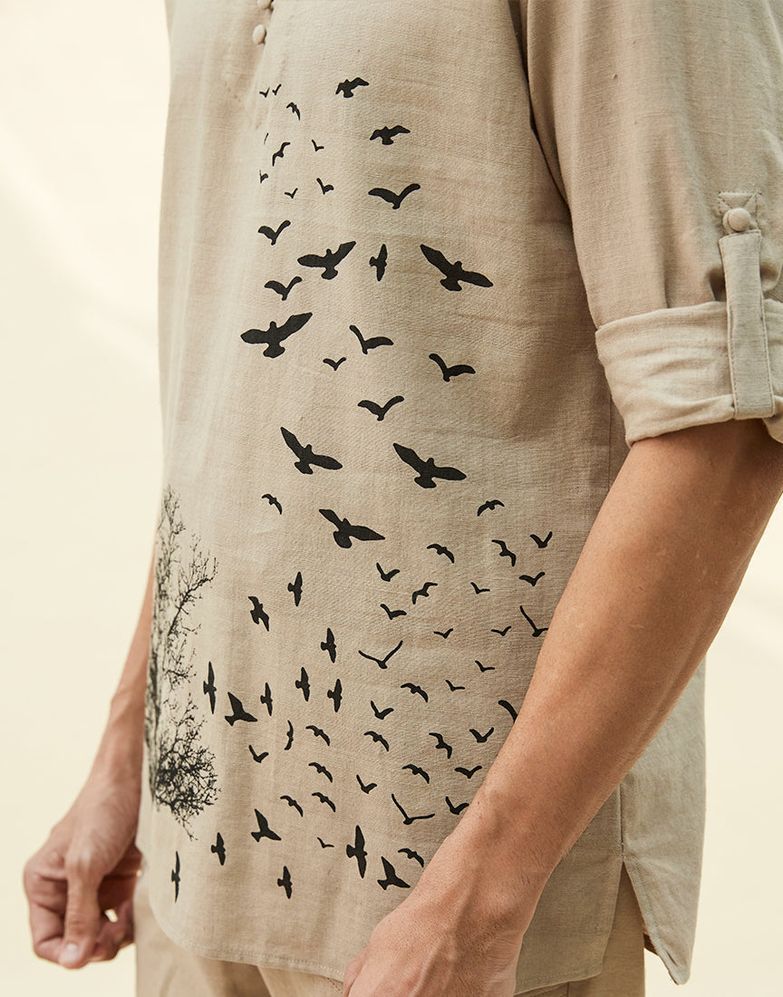 Beige Khadi Tunic With Block Print