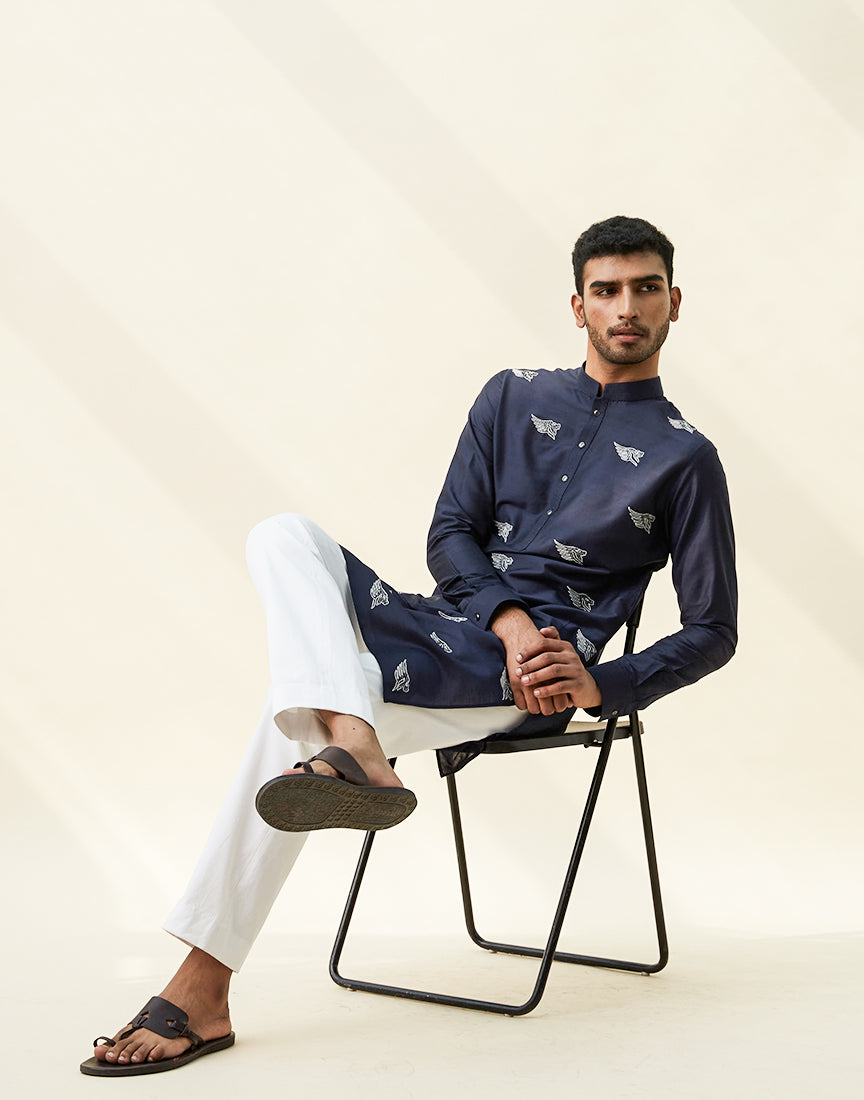 Blue Khadi Embroidery Kurta