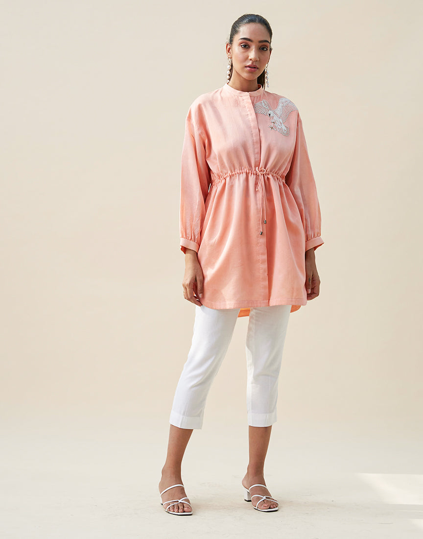 Peach Chanderi Shirt Dress With Embroidery