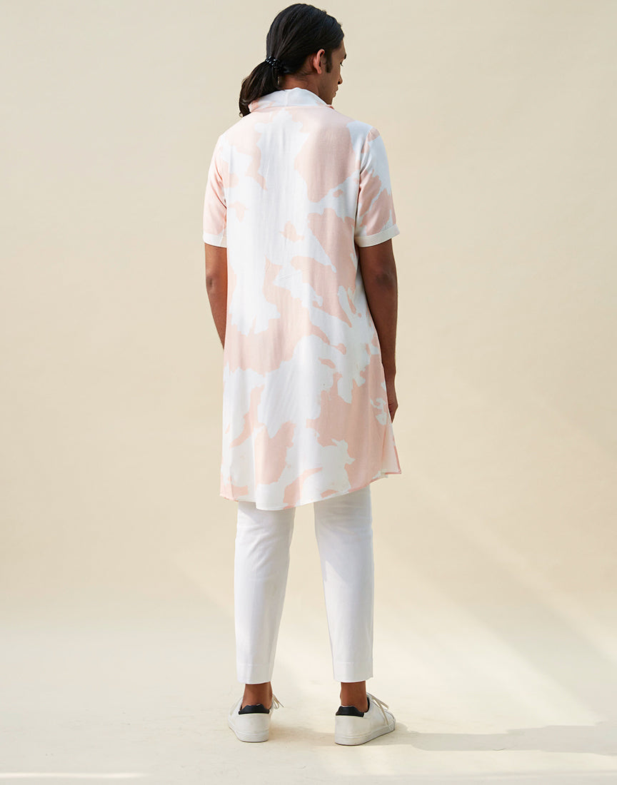 White & Peach Cowl Neck Printed Kurta