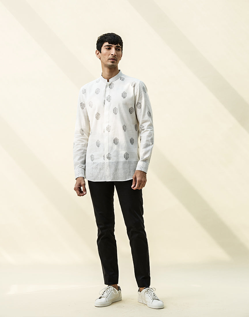 White Khadi Block Print Shirt