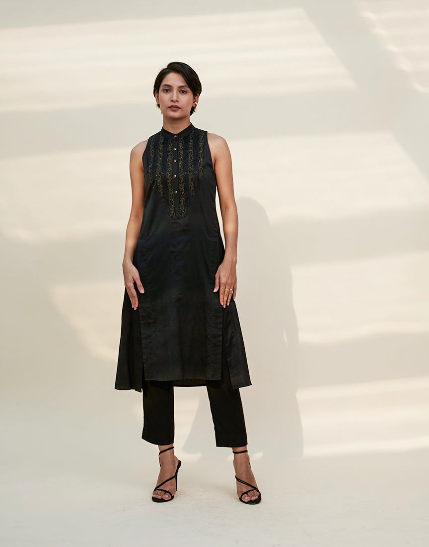 Chanderi Black Front Open Dress