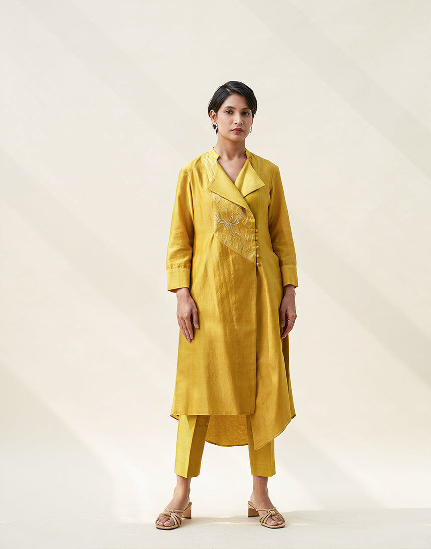 Mustard Front Open Chanderi Dress