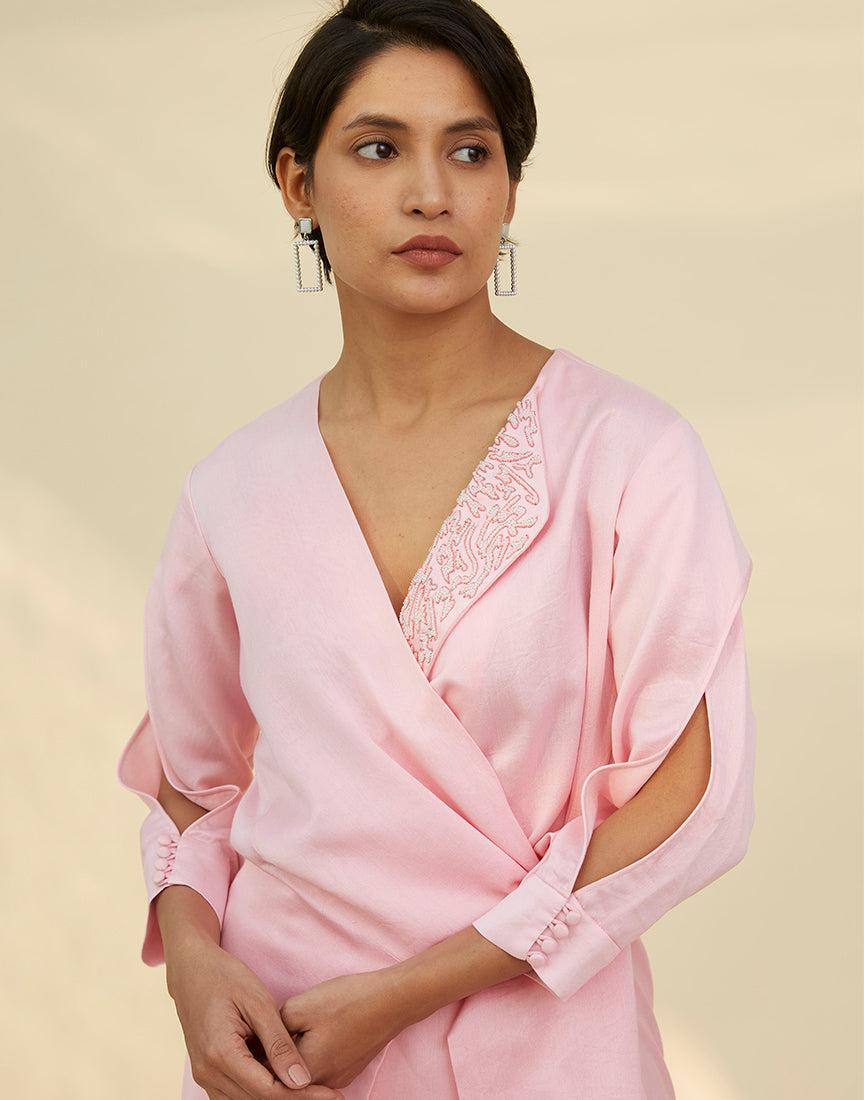 Pink Chanderi Front Open Dress