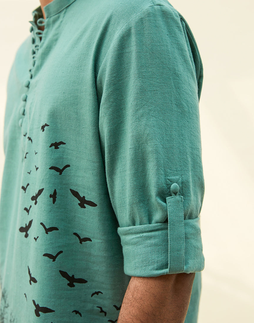 Sea Green Khadi Tunic With Block Print