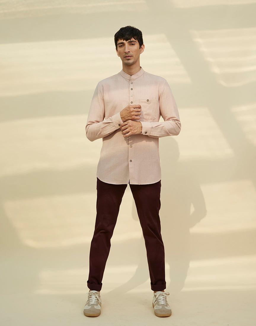 Beige Patch Pocket Shirt With Saddle Stitch