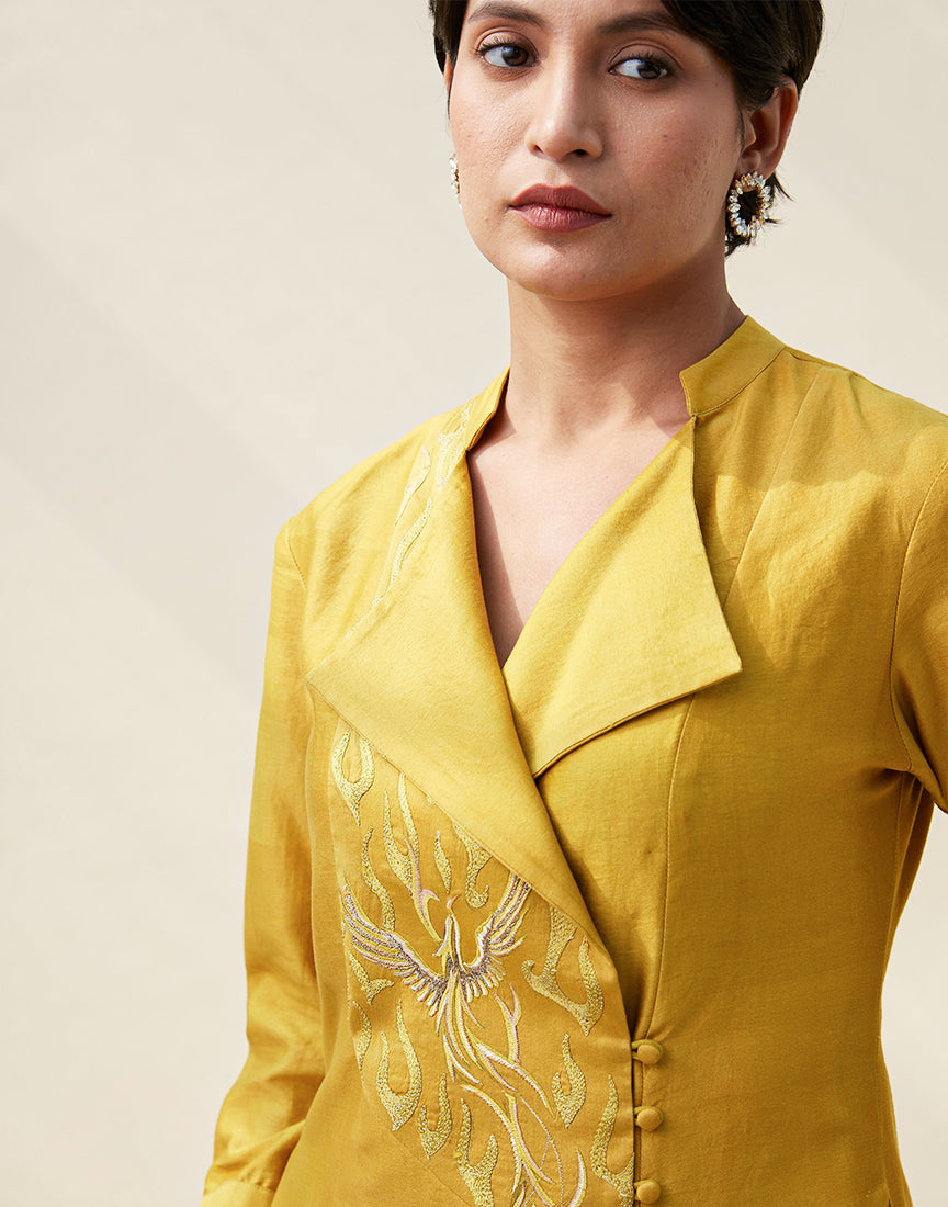 Mustard Front Open Chanderi Dress