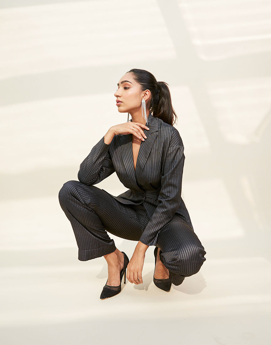 Black Stripes Jacket Collar Dress