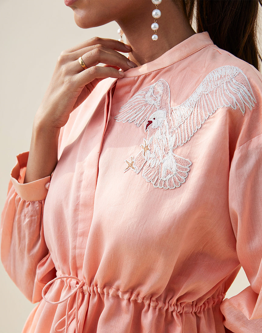 Peach Chanderi Shirt Dress With Embroidery