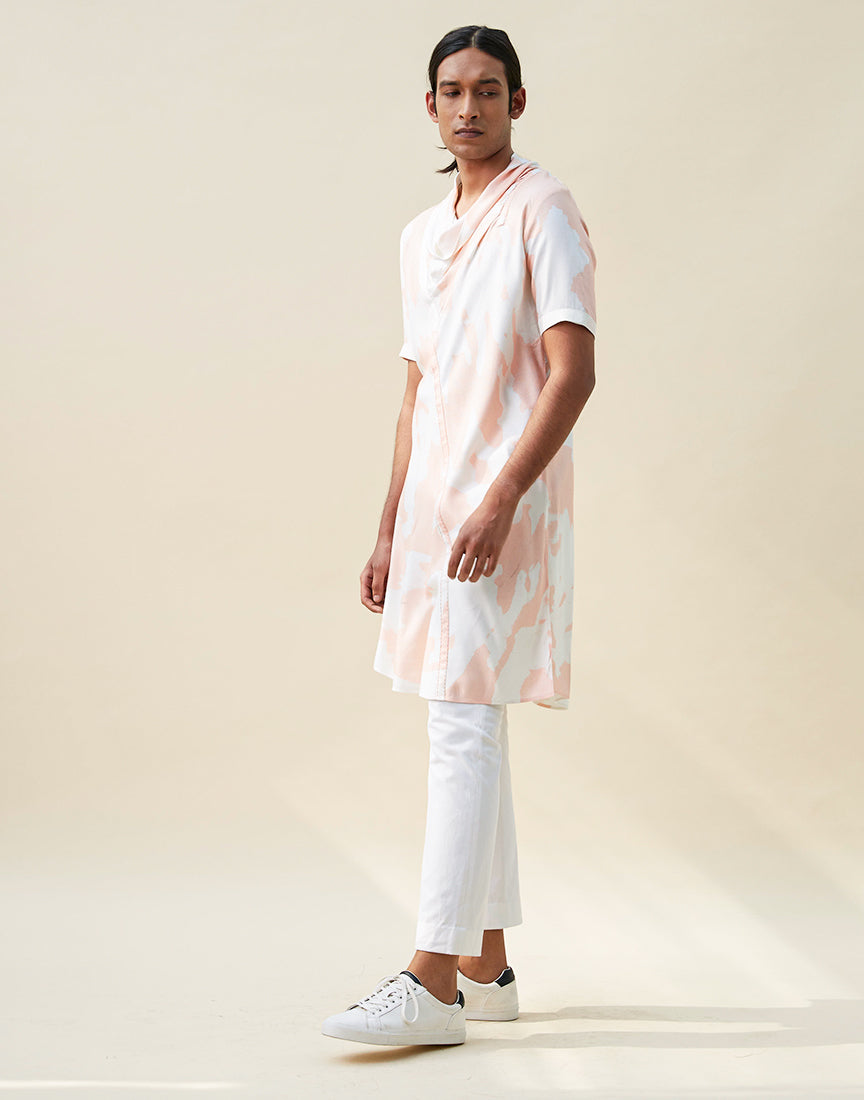 White & Peach Cowl Neck Printed Kurta