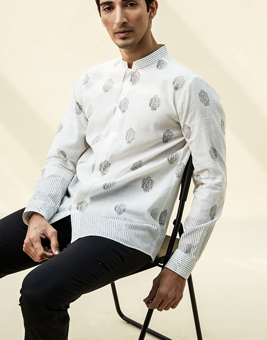 White Khadi Block Print Shirt