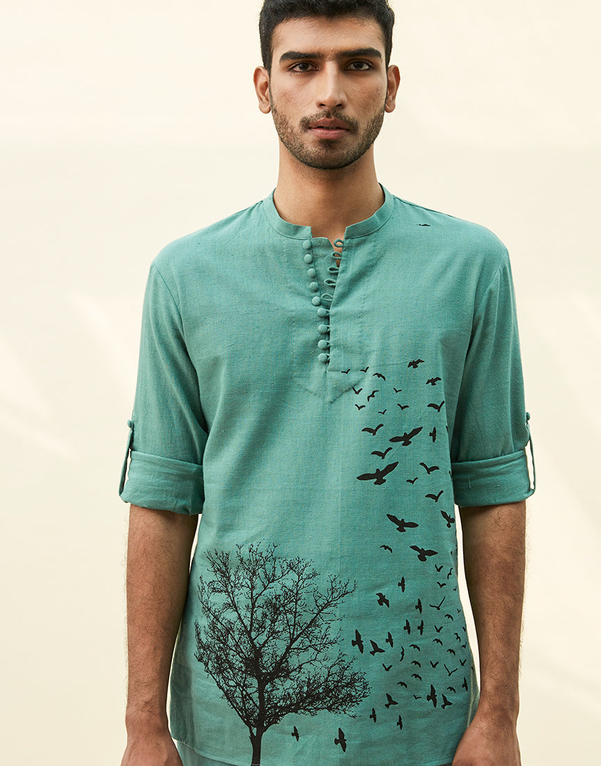 Sea Green Khadi Tunic With Block Print