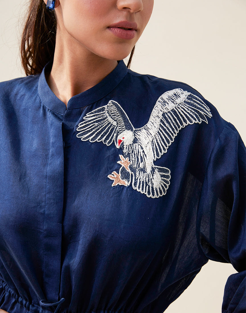 Blue Chanderi Shirt Dress With Embroidery