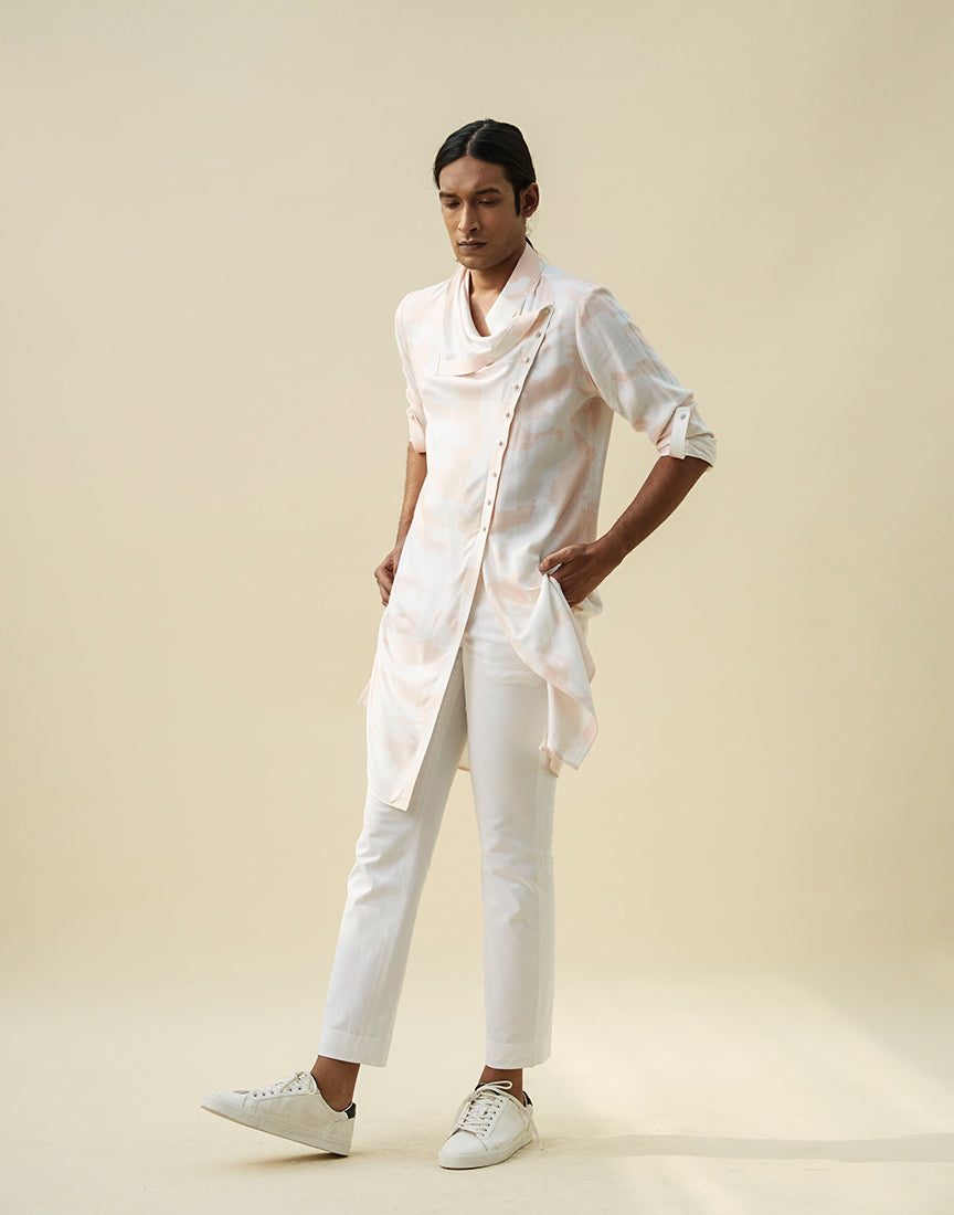 White & Peach Printed Kurta