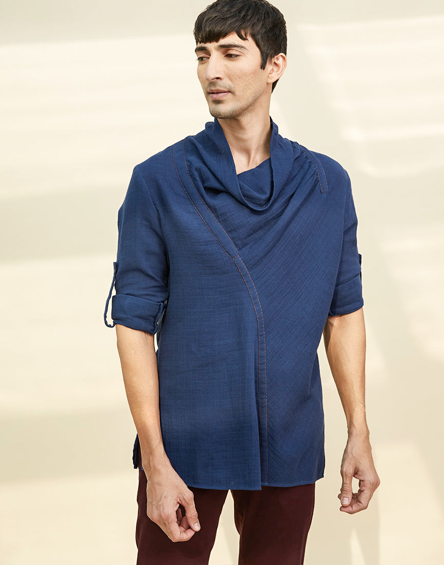 Blue Khadi Cowl Neck Tunic