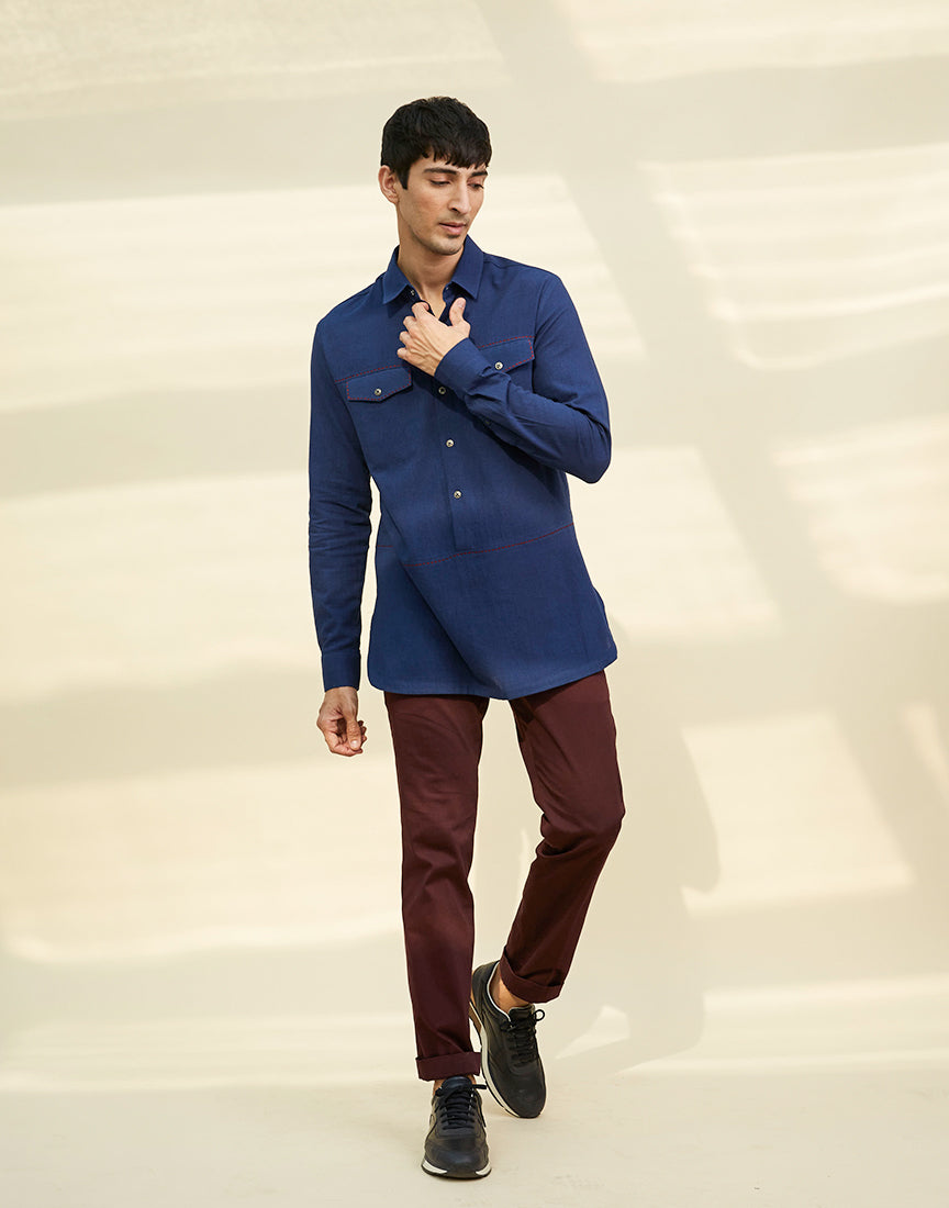 Blue Khadi Saddle Stitch Tunic