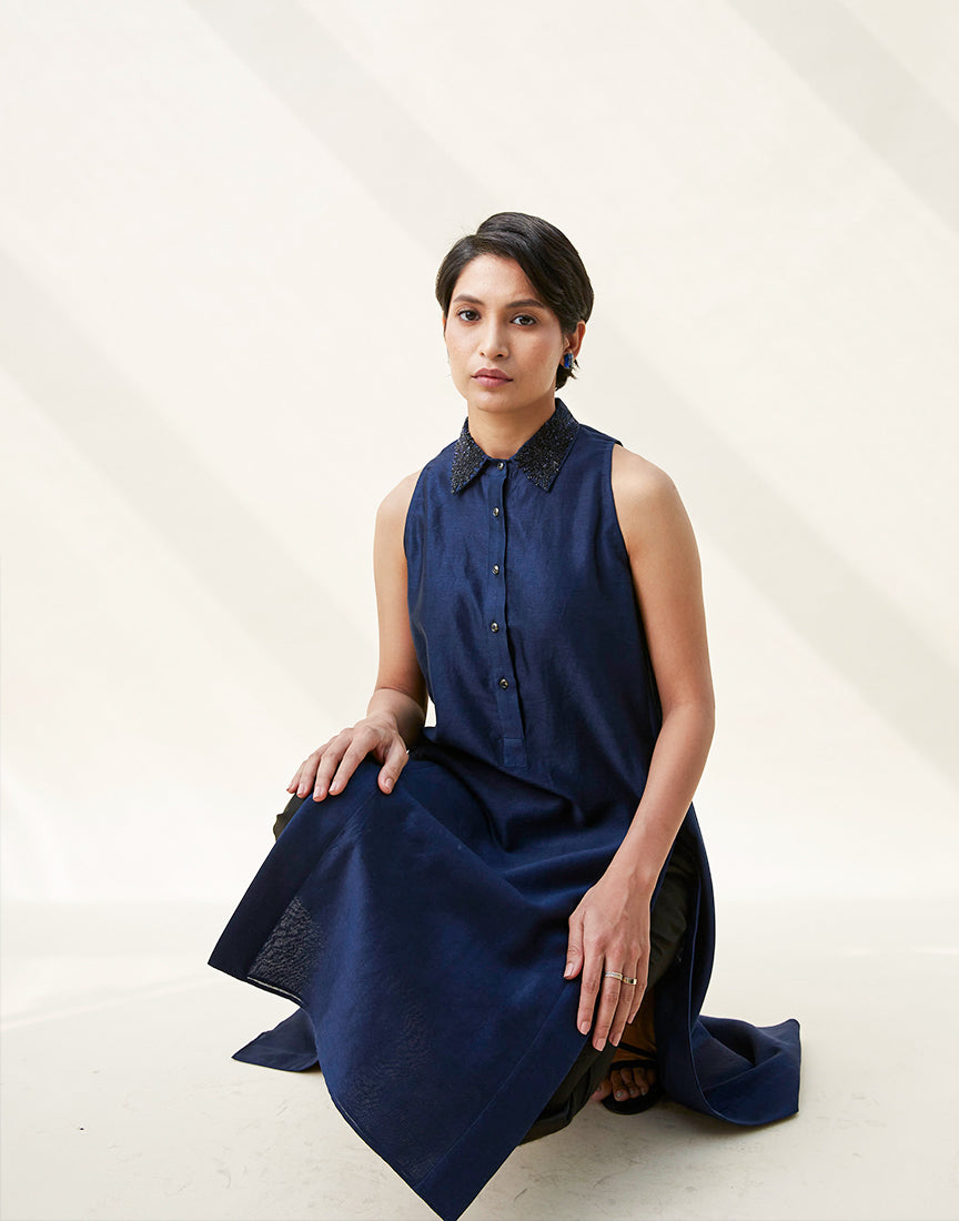 Blue Chanderi Embroidery Collar Dress