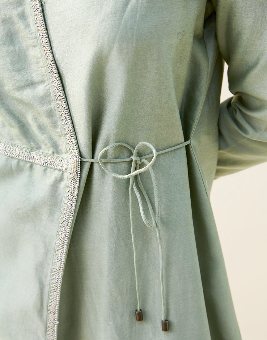 Green Chanderi Front Open Dress
