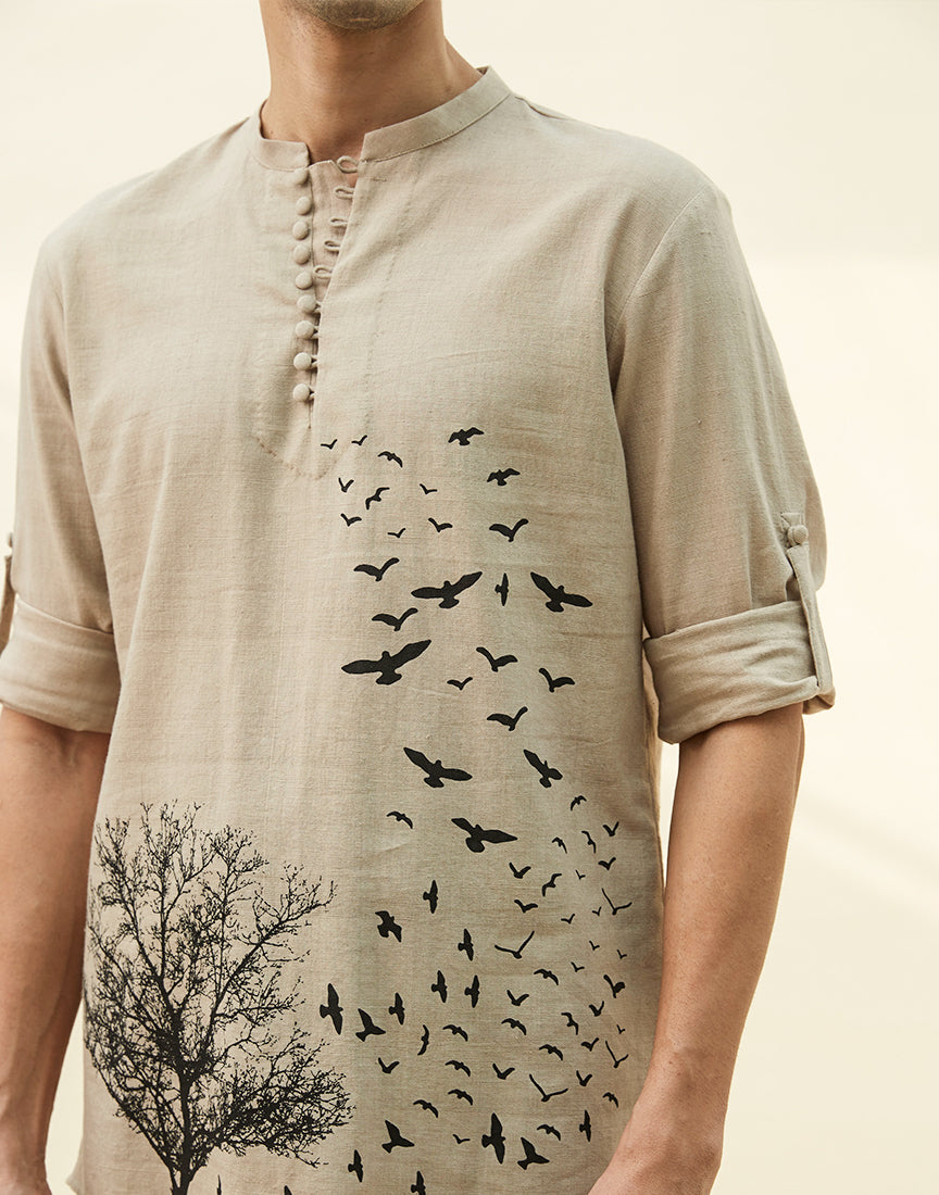 Beige Khadi Tunic With Block Print
