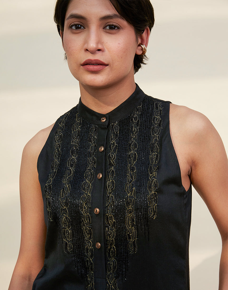 Chanderi Black Front Open Dress
