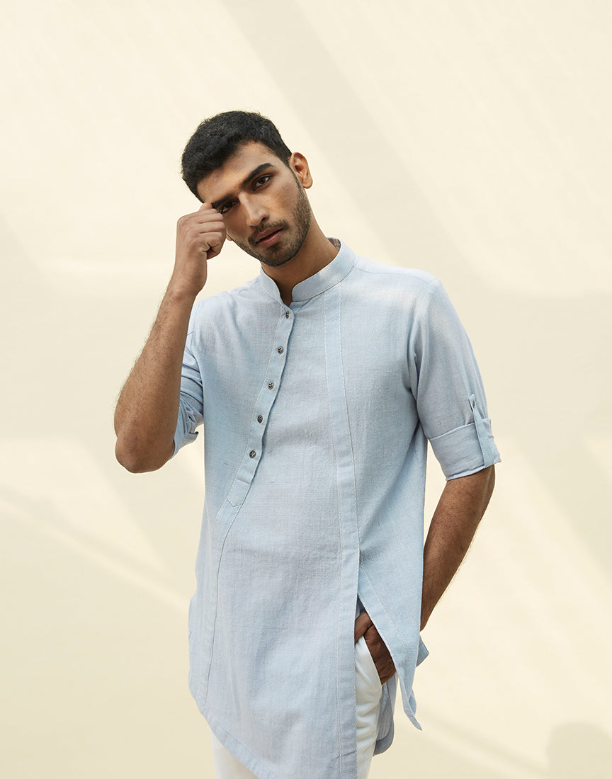 Ice Blue Khadi Slant Kurta